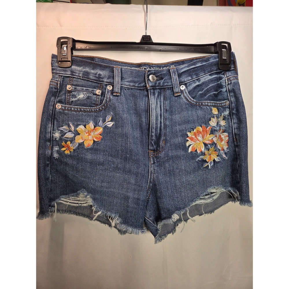 American Eagle Mom Shorts Women 4 Blue Denim Floral Embroidered Distressed Hi-ri